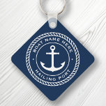 Boat name and hailing port anchor rope border keychain<br><div class="desc">Keyring for your boat featuring a white,  elegant anchor and rope emblem with your custom boat name and hailing port on a dark blue background.</div>