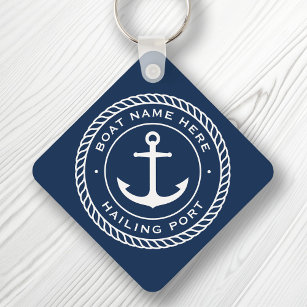 Boat name and hailing port anchor rope border keychain