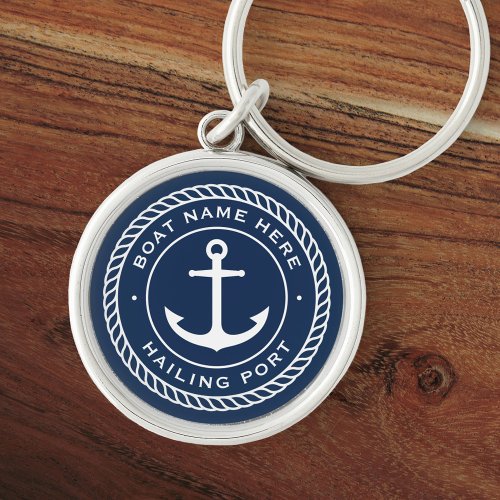 Boat name and hailing port anchor rope border keychain