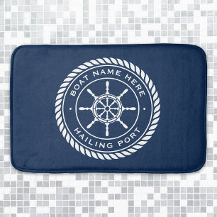 Boat name and hailing port nautical ship's wheel bath mat