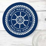 Boat name and hailing port nautical ship's wheel coaster set<br><div class="desc">Coaster featuring a white,  elegant ship's wheel and rope emblem with custom boat name and hailing port (or other custom text) on a dark blue background.</div>