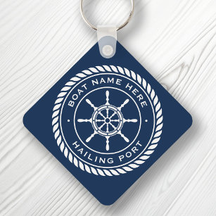 Boat name and hailing port nautical ship's wheel keychain