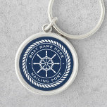 Boat name and hailing port nautical ship's wheel keychain<br><div class="desc">Keyring featuring a white,  elegant ship's wheel and rope emblem with custom boat name and hailing port (or other custom text) on a dark blue background.</div>