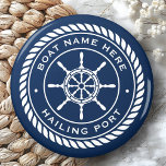 Boat name and hailing port nautical ship's wheel magnet<br><div class="desc">Fridge magnet featuring a white,  elegant ship's wheel and rope emblem with custom boat name and hailing port (or other custom text) on a dark blue background.</div>