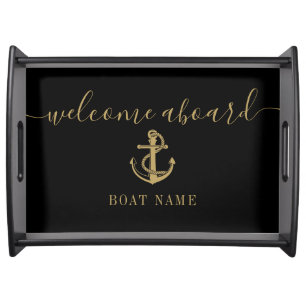 Boat Name Black And Gold Anchor Welcome Aboard Serving Tray