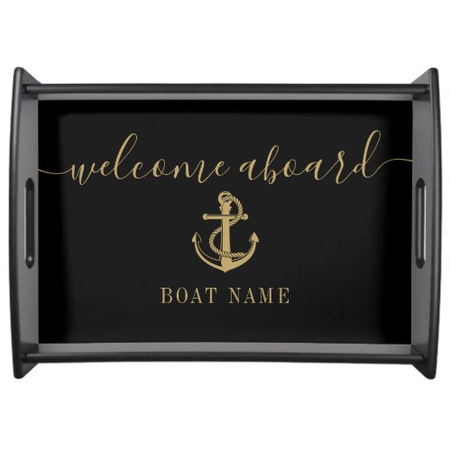 Boat Name Black And Gold Anchor Welcome Aboard Serving Tray