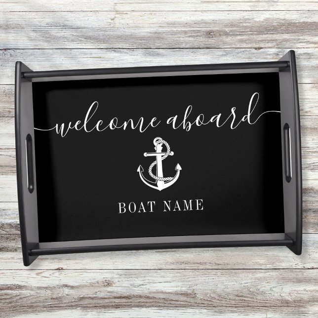 Boat Name Black And White Anchor Welcome Aboard Serving Tray (Boat Name Black And White Anchor Welcome Aboard Serving Tray)