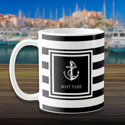 Boat Name Black And White Stripe Anchor Coffee Mug