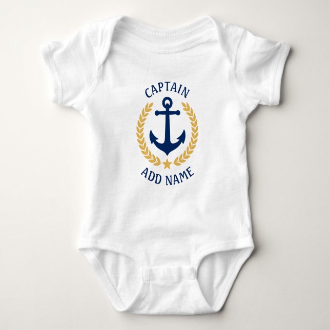 Boat Name Captain Anchor Gold Laurel Leaves Star Baby Bodysuit (Front)