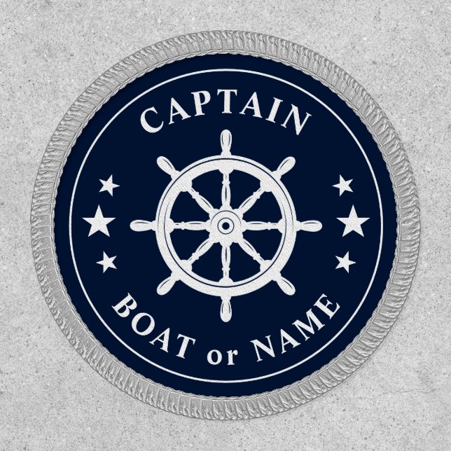 Boat Name Captain Helm Wheel Stars Blue White Patch (Front)
