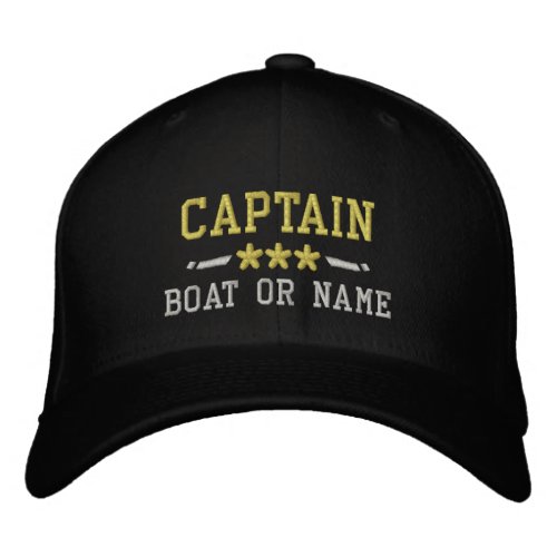 Boat Name Captain Nautical Stars Gold Silver Black Embroidered Baseball Cap