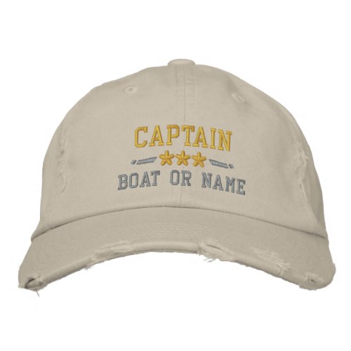 Boat Name Captain Nautical Stars Gold Silver Khaki Embroidered Baseball Cap