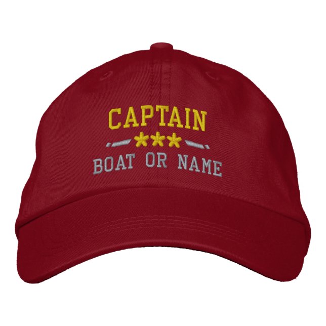 Boat Name Captain Nautical Stars Gold Silver Red Embroidered Baseball Cap (Front)