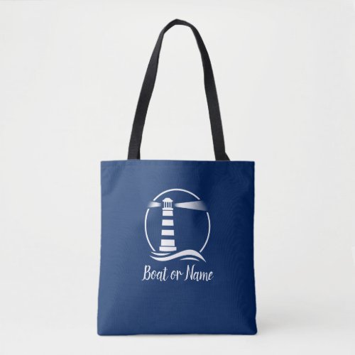 Boat Name Classic Lighthouse Navy Blue White Tote Bag