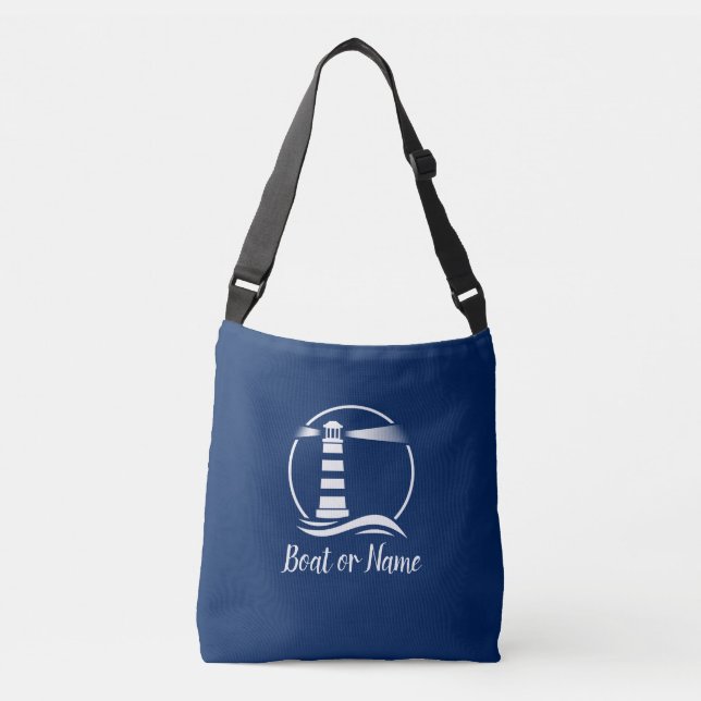 Boat Name Classic Lighthouse Waves Navy Blue Crossbody Bag (Front)
