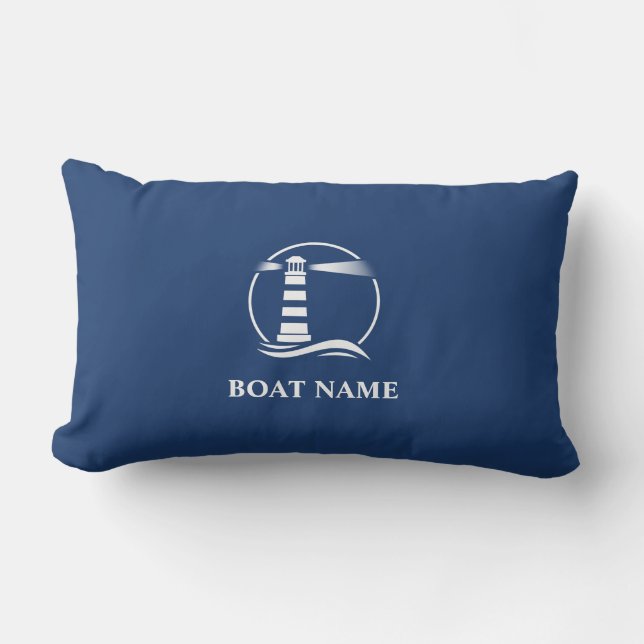Boat Name Classic Nautical Lighthouse Navy Blue Lumbar Pillow (Front)