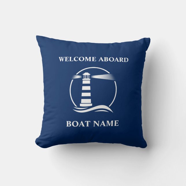 Boat Name Classic Nautical Lighthouse Navy Blue Throw Pillow (Front)