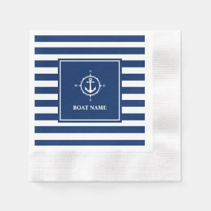 Boat Name Compass Anchor Blue Stripes Cocktail Napkins