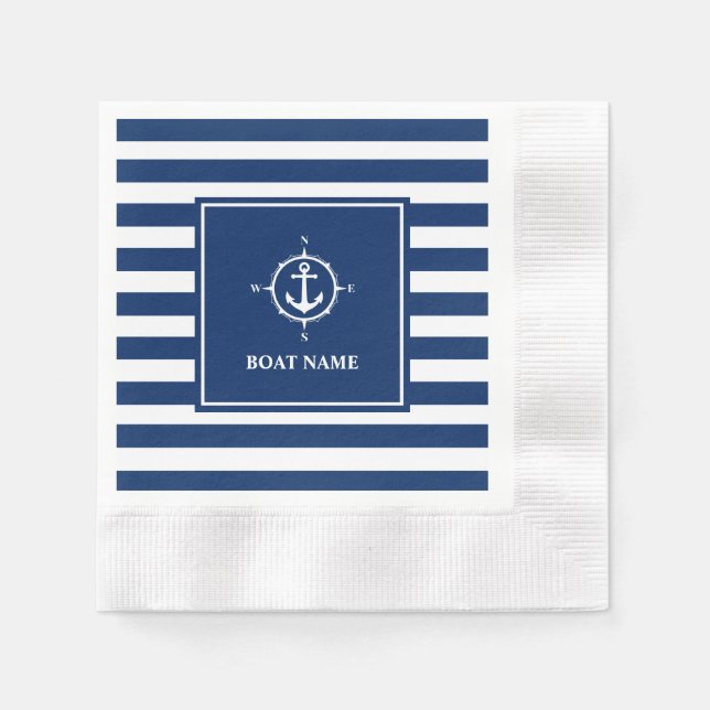 Boat Name Compass Anchor Blue Stripes Cocktail Napkins (Front)