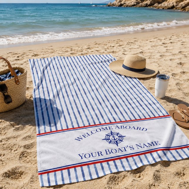 Boat Name Compass Rose Nautical Anchor  Beach Towel (Creator Uploaded)