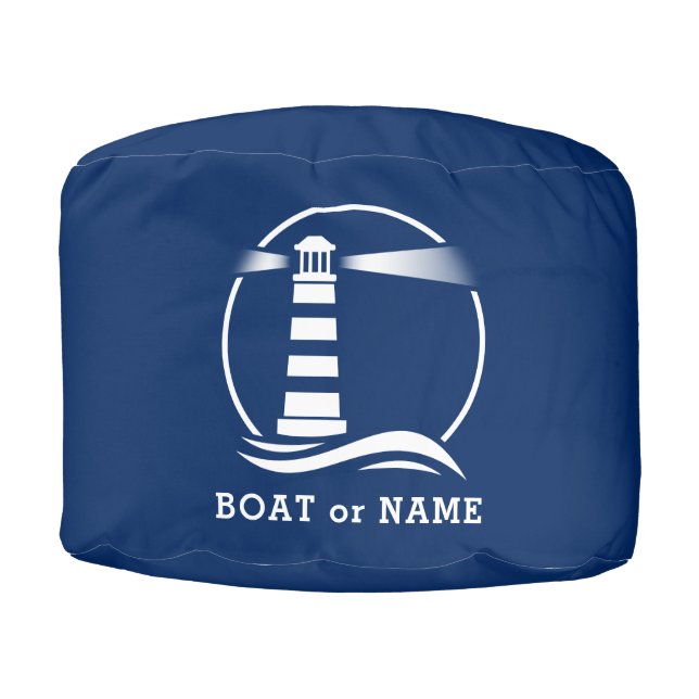 Boat Name Family Name Lighthouse Waves Navy Blue Pouf (Front)