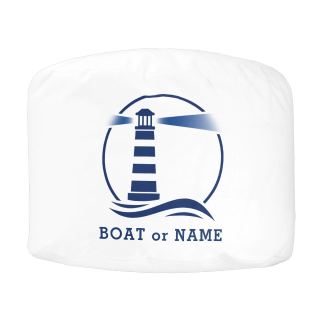 Boat Name Family Name Lighthouse Waves White Blue Pouf (Front)