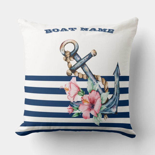 Boat Name,Floral Anchor Navy Blue Stripe Throw Pillow (Front)