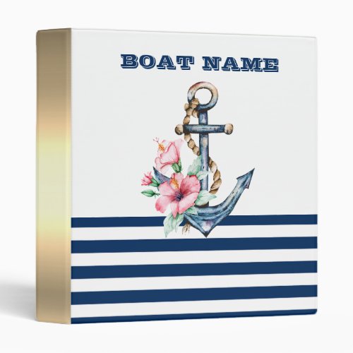  Boat NameFloral Anchor Navy Blue Stripes   3 Ring Binder