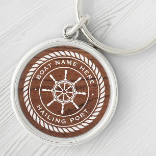 Boat name hailing port nautical ship's wheel wood keychain