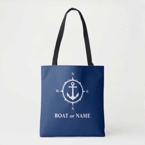 Boat Name Nautical Anchor Compass Navy Blue White Tote Bag