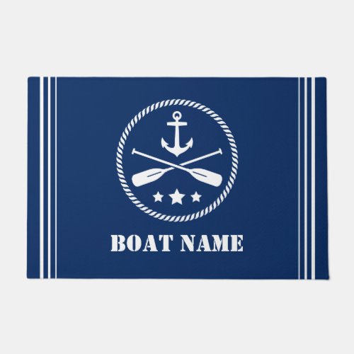 Boat Name Nautical Anchor  Crossed Oars Navy Blue Doormat