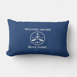 Boat Name Nautical Anchor & Crossed Oars Navy Blue Lumbar Pillow