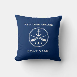 Boat Name Nautical Anchor & Crossed Oars Navy Blue Throw Pillow
