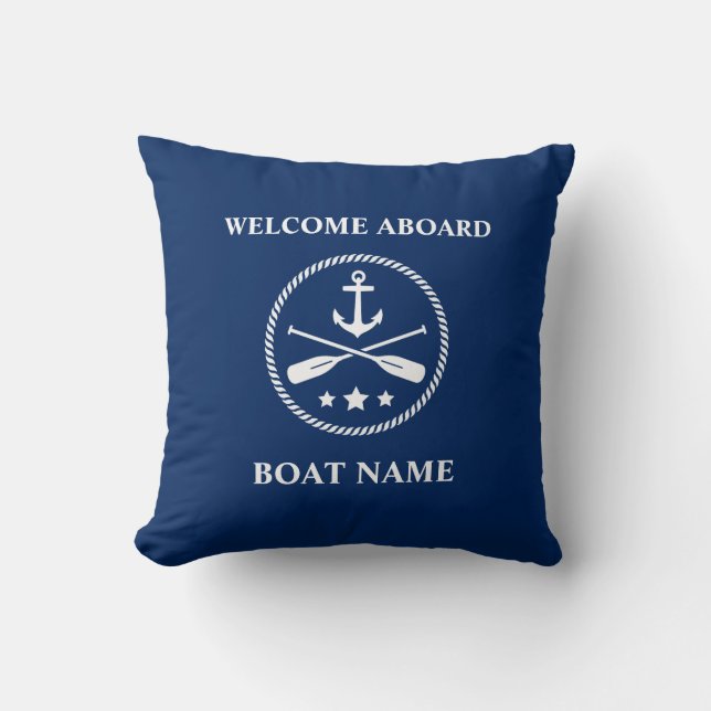 Boat Name Nautical Anchor & Crossed Oars Navy Blue Throw Pillow (Front)