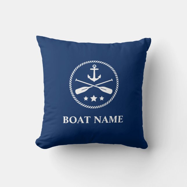 Boat Name Nautical Anchor & Crossed Oars Navy Blue Throw Pillow (Front)