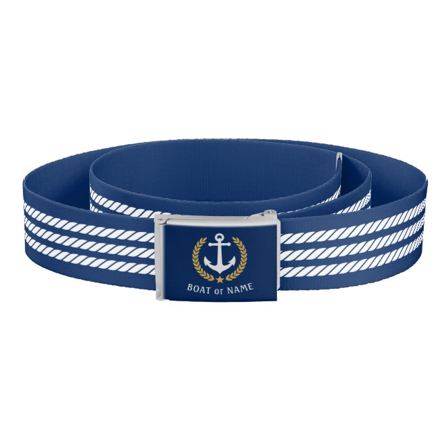 Boat Name Nautical Anchor Gold Laurel Rope Stripe Belt (Coil)