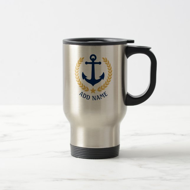 Boat Name Nautical Anchor Gold Style Laurel Leaves Travel Mug (Right)