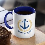 Boat Name Nautical Anchor Gold Style Laurel Navy Mug<br><div class="desc">A Personalized two tone coffee Mug with your boat name,  family name or other desired text. Featuring a custom designed nautical boat anchor,  gold style laurel leaves and star emblem. Several accent colors to choose from to match your current decor. Makes a great gift for any occasion.</div>