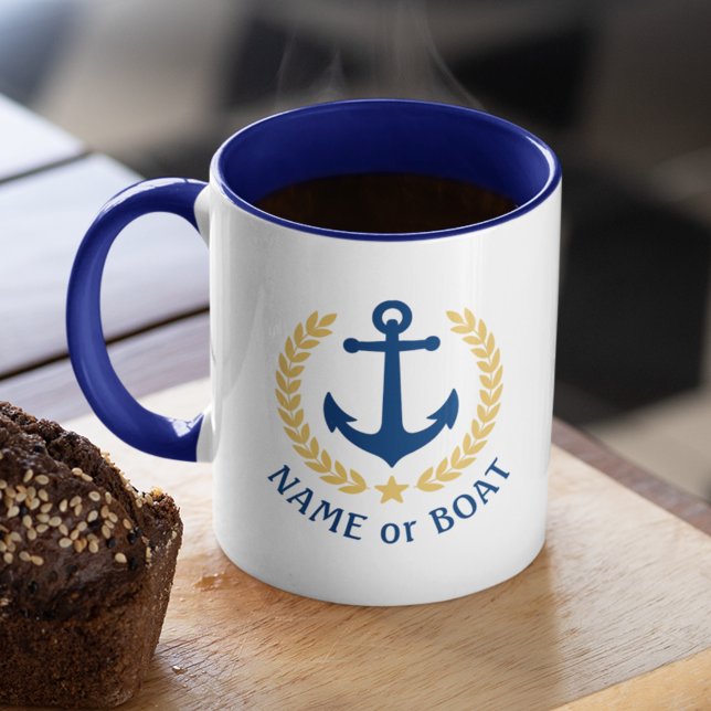 Boat Name Nautical Anchor Gold Style Laurel Navy Mug (Creator Uploaded)