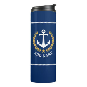 Boat Name Nautical Anchor Gold Style Laurel Navy Thermal Tumbler