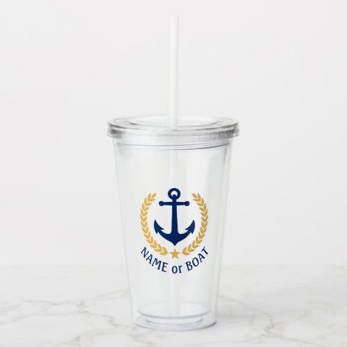 Boat Name Nautical Anchor Gold Style Laurel Star Acrylic Tumbler