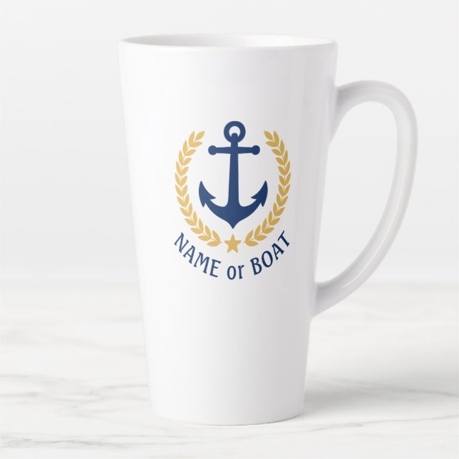 Boat Name Nautical Anchor Gold Style Laurel Star Latte Mug (Right)