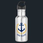 Boat Name Nautical Anchor Gold Style Laurel Star Stainless Steel Water Bottle<br><div class="desc">A Personalized stainless steel water bottle with your boat name,  family name or other desired text. Featuring a custom designed nautical boat anchor,  gold style laurel leaves and star emblem. Makes a great gift for any occasion.</div>