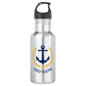 Boat Name Nautical Anchor Gold Style Laurel Star Stainless Steel Water Bottle