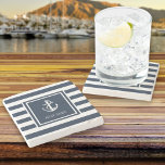 Boat Name Nautical Anchor Navy Blue Stripe Stone Coaster<br><div class="desc">An elegant nautical design featuring an anchor and navy blue and white striped pattern with your boat name set in a navy blue-bordered square. Designed by Thisisnotme©</div>