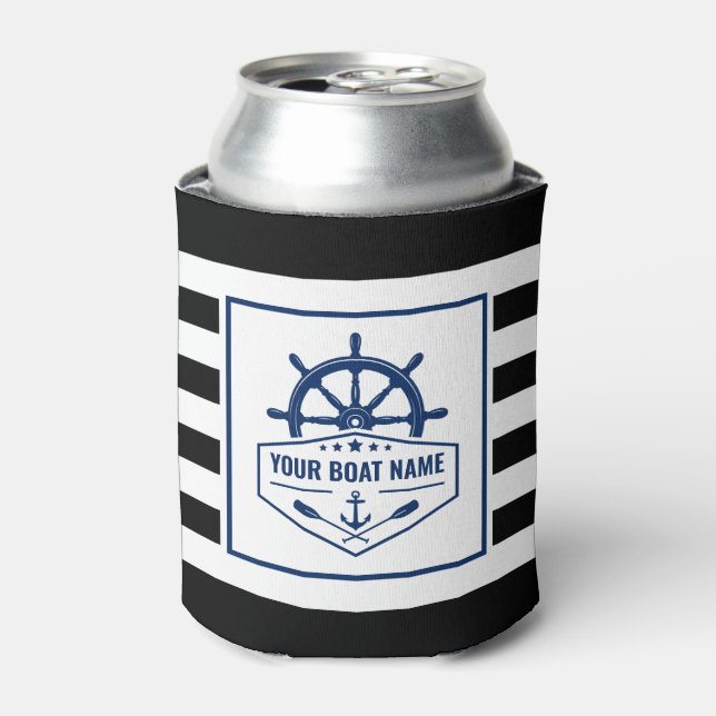 Boat Name Nautical Anchor Oars Helm Striped Can Cooler (Can Front)