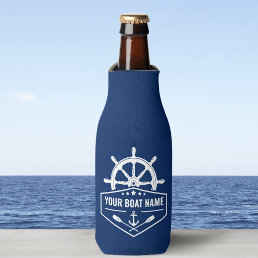 Boat Name Nautical Anchor Oars &amp; Ships Wheel Navy Bottle Cooler