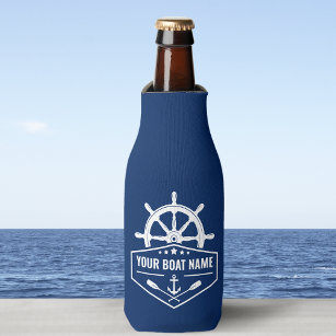 Boat Name Nautical Anchor Oars & Ships Wheel Navy Bottle Cooler