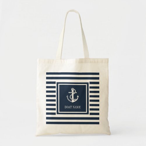 Boat Name Nautical Anchor Rope Navy Blue Striped Tote Bag