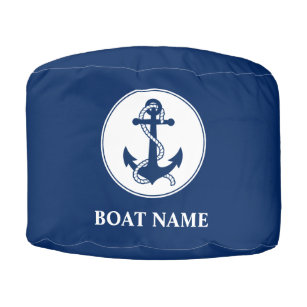 Boat Name Nautical Anchor Rope Navy Blue White Pouf